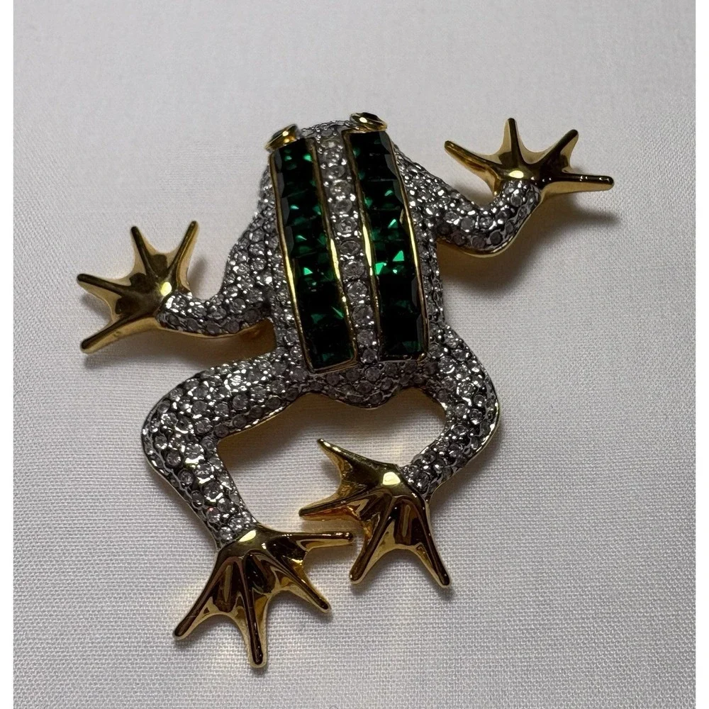 Vintage 80s 90s Rhinestone Frog Brooch Pin Emerald Baguette Crown 2.5